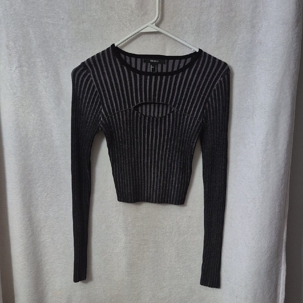 Forever 21 Black and Gray Striped Crop Top